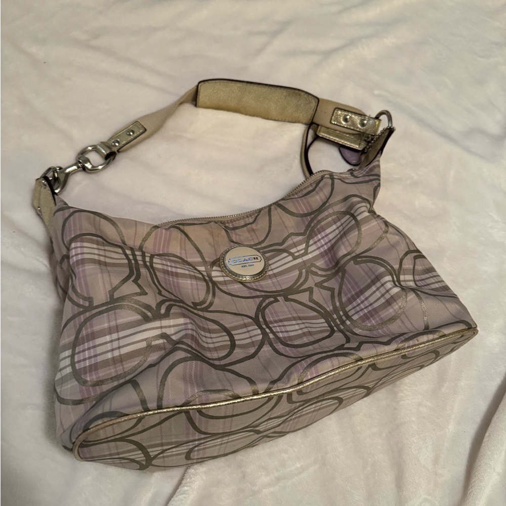 Coach Floral Plaid Shoulder Bag - Purple and Cream
